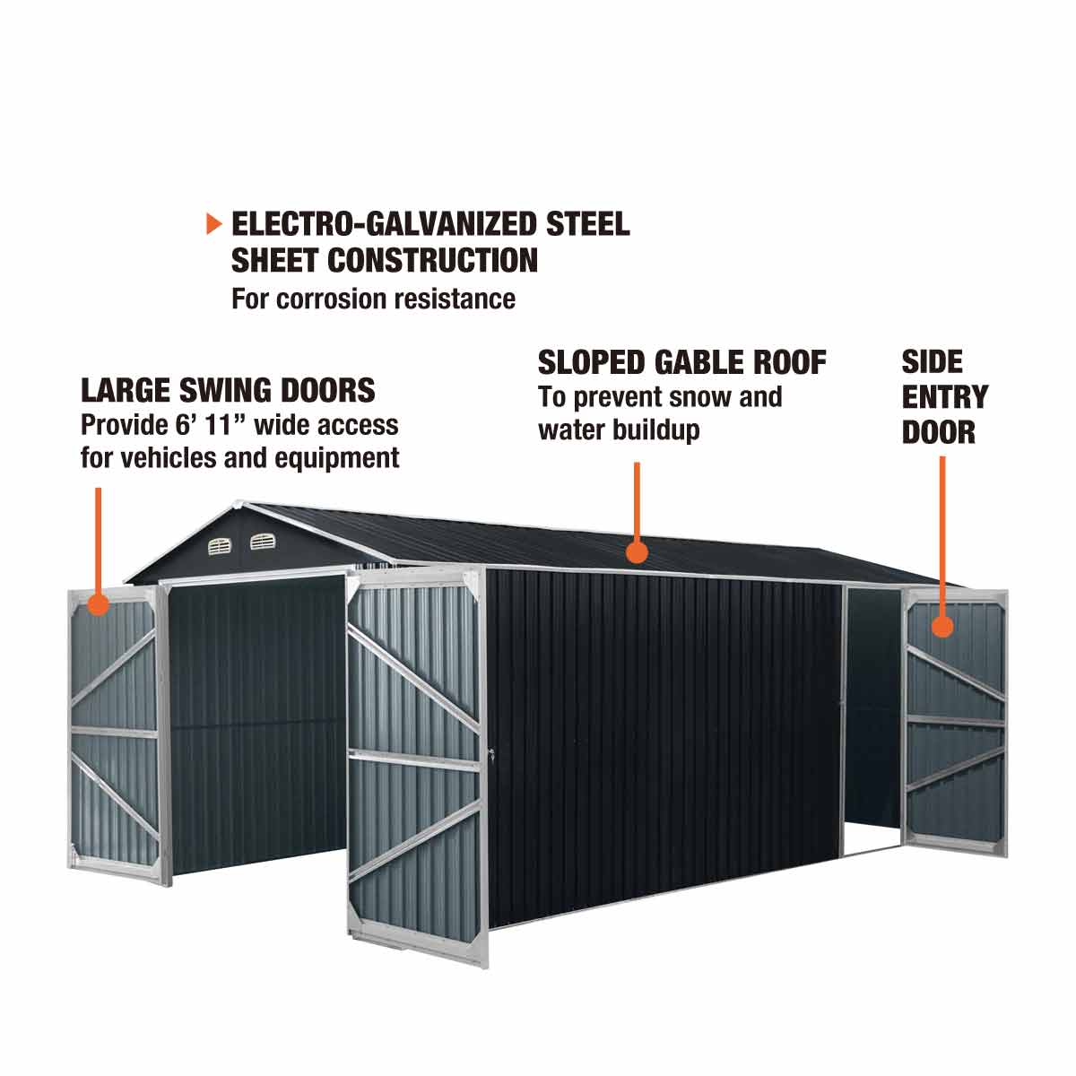 New 10’ x 20’ Metal Garage Shed with Double Front Doors, 7’8” Peak Height, Side Entry Door, 185 Sq-Ft Floor Space