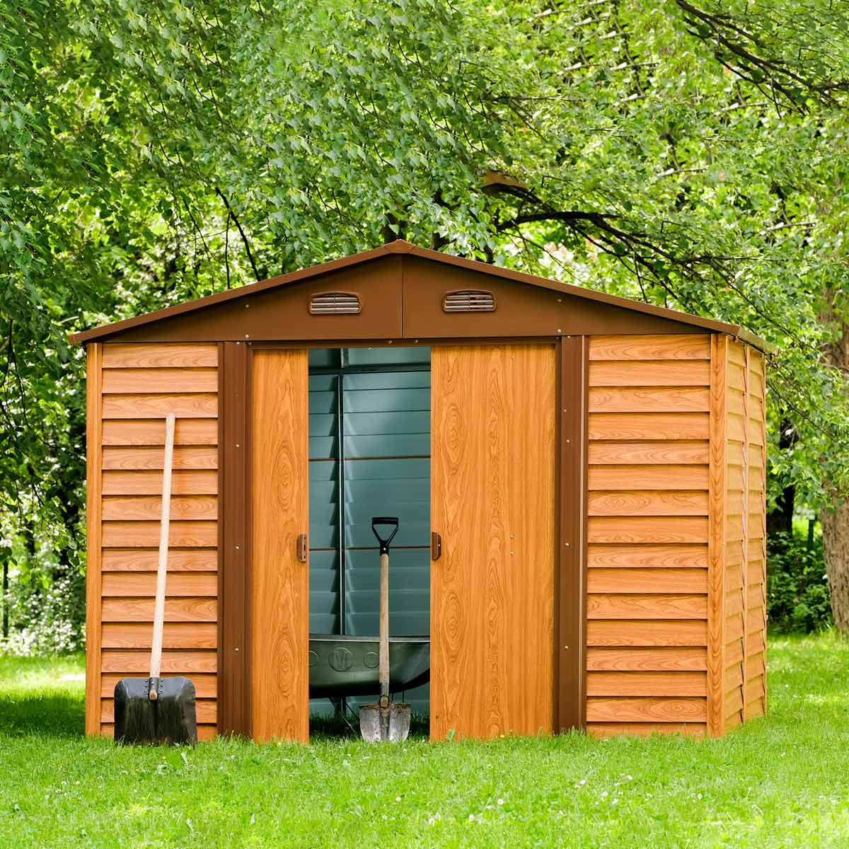 New 11’ x 12’ Wood-Grain Galvanized Apex Roof Metal Shed, 50” Sliding Door, 29 GA Corrugated Metal, 67” Edge Height