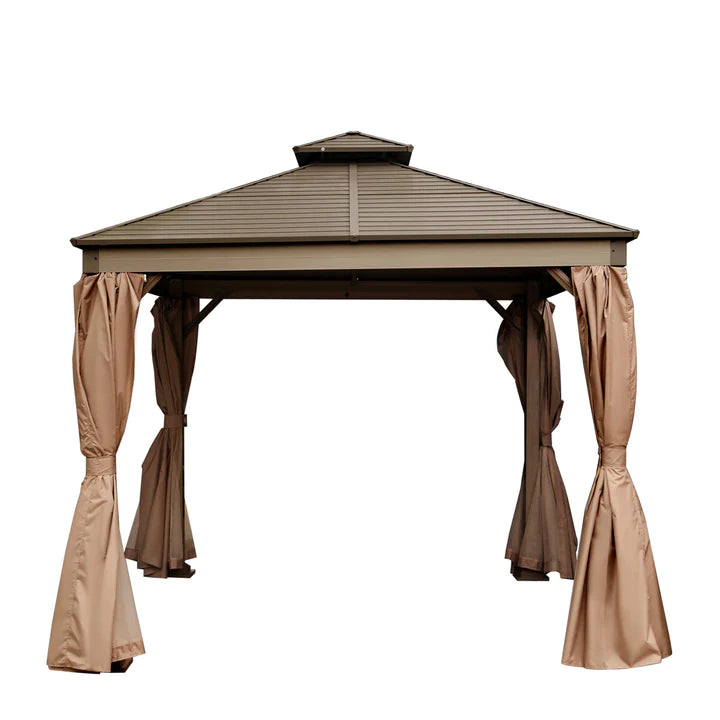 New 10’ x 10’ Hardtop, Double Tier Steel Roof Patio Gazebo, Mosquito Nets & Curtains Included