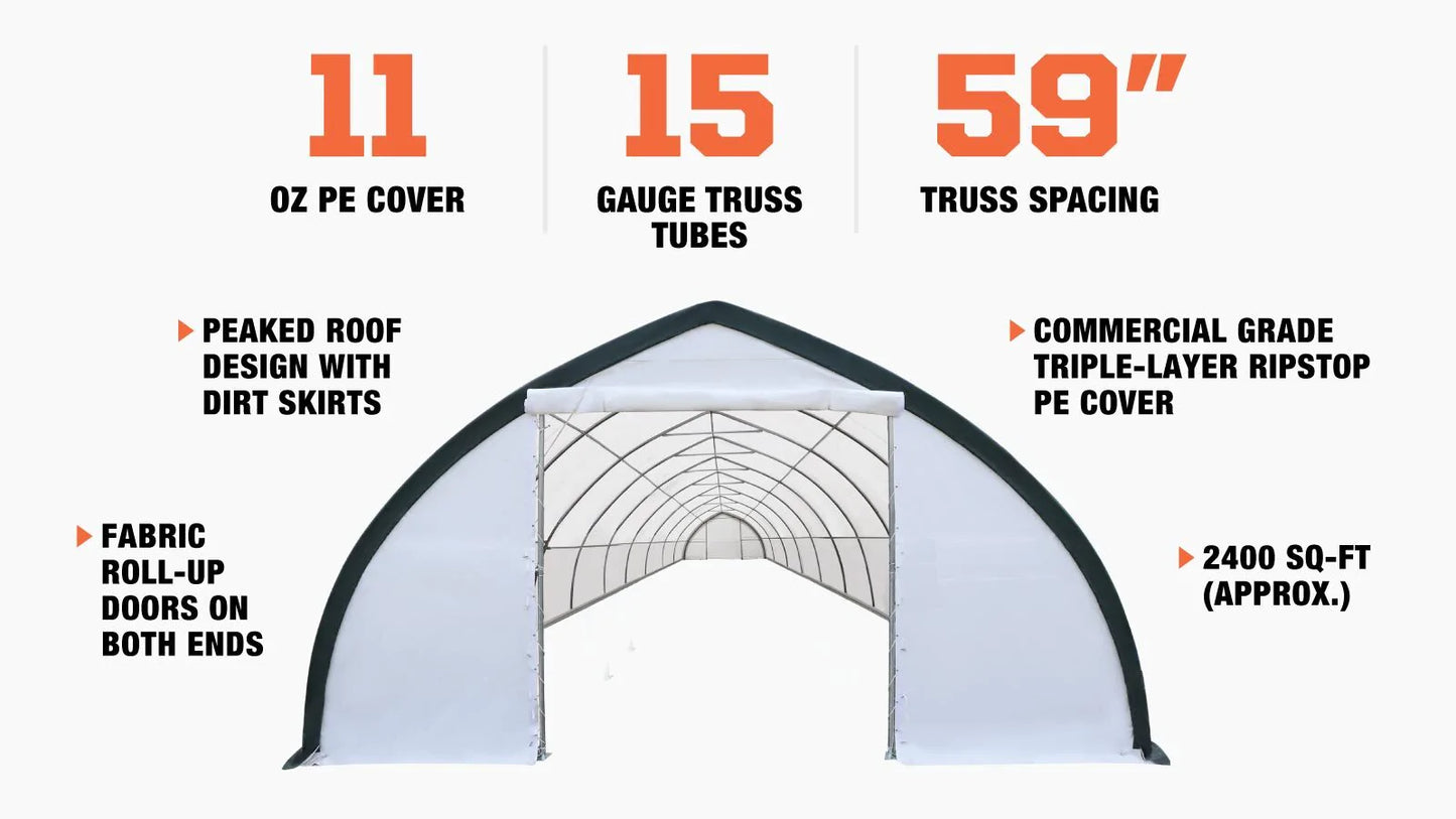 New 30' x 80' Peak Ceiling Storage Shelter with Heavy Duty 11 oz PE Cover & Drive Through Doors