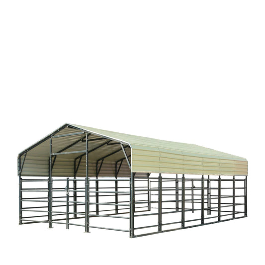 New 20’ x 30’ Livestock Corral Panel Metal Shed, 7’ Sidewall Height, 5’ Corral Panel Height, 600 Sq-Ft, 27 GA Corrugated Panels