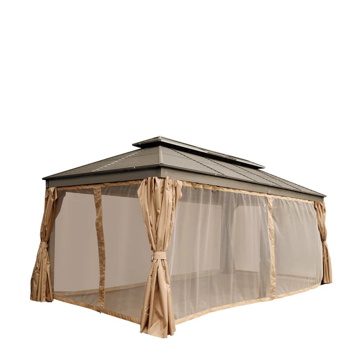 New 10’ x 20’ Hardtop, Double Tier Steel Roof Patio Gazebo, Mosquito Nets & Curtains Included