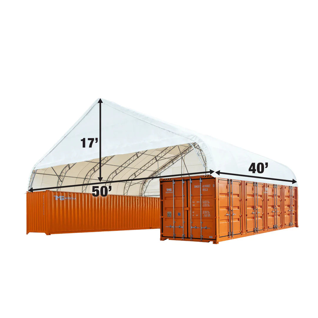 New Pro Series 50' x 40' Dual Truss Container Shelter with Heavy Duty 32 oz PVC Cover, Enclosed End Wall and Front Drop