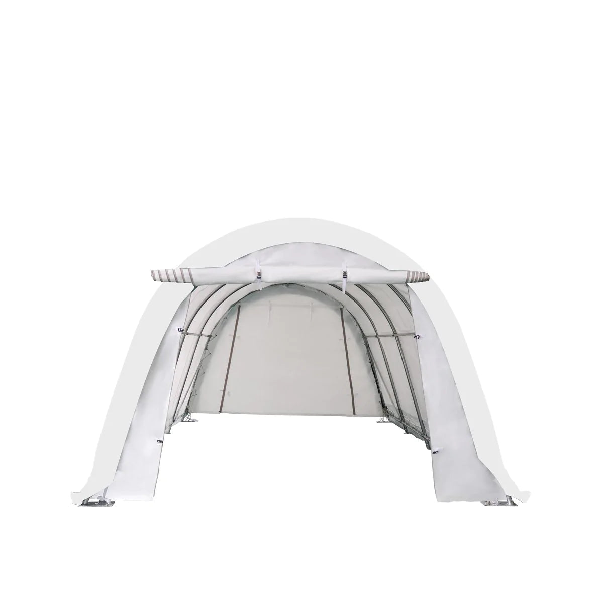 New 12’ x 30’ Car Shelter w/Rounded Roof & Heavy-Duty 11 OZ PE Fabric Cover, Galvanized Steel Frame, Roll-Up Doors