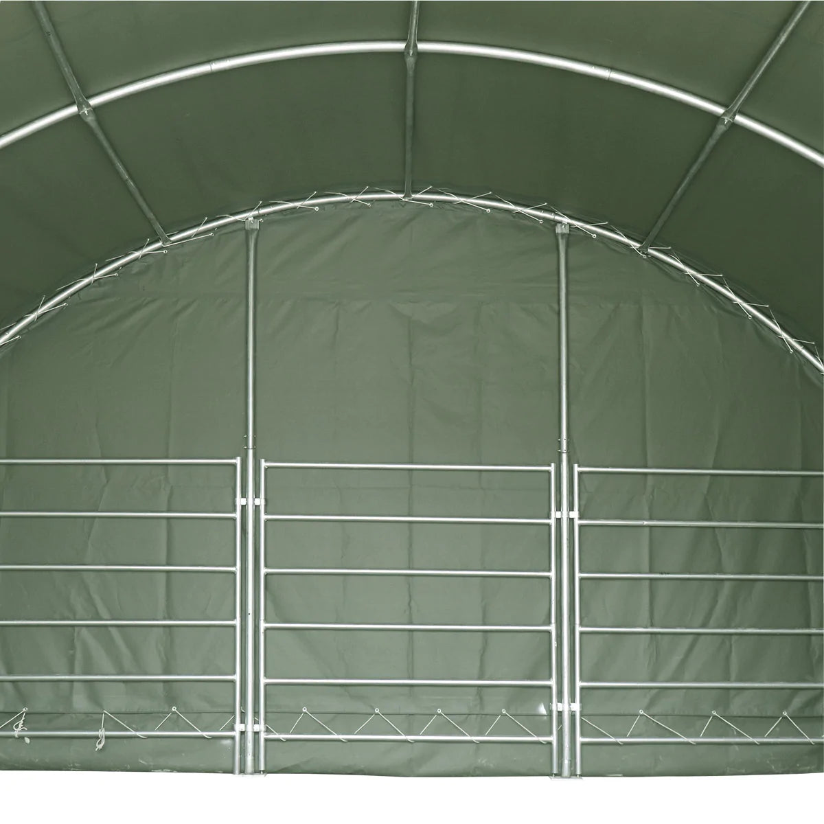 New 20’ x 20’ Livestock Corral Shelter, Powder Coated Structure, 12’ Dome Roof, 17 oz Military Green PVC Fabric Covering, 6-Bar Corral Panels, 5’ Front Swing Gate