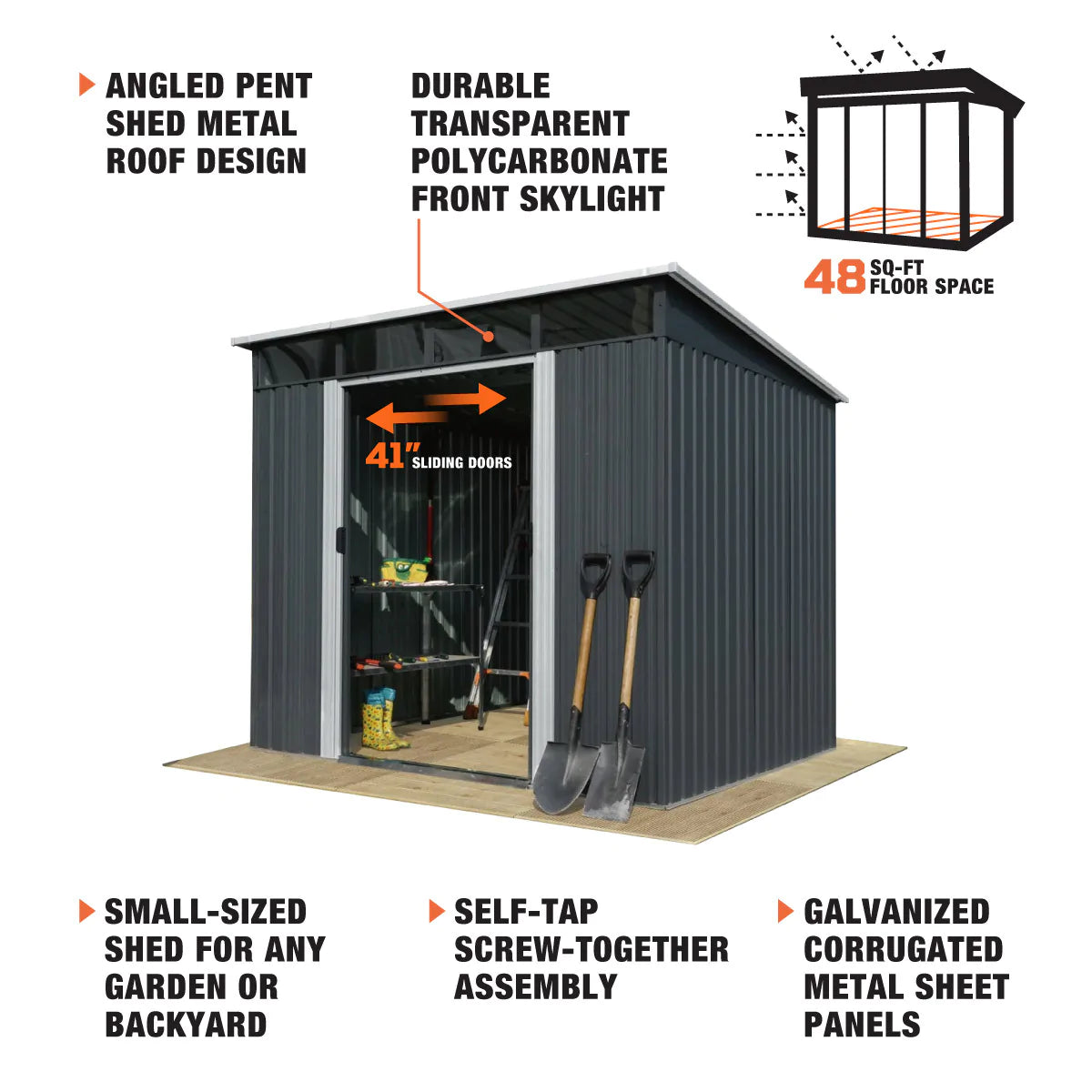 New 6’ x 8’ Galvanized Metal Pent Shed w/Skylight, 41” Sliding Door, 29 GA Corrugated Metal, 80” Peak Ceiling