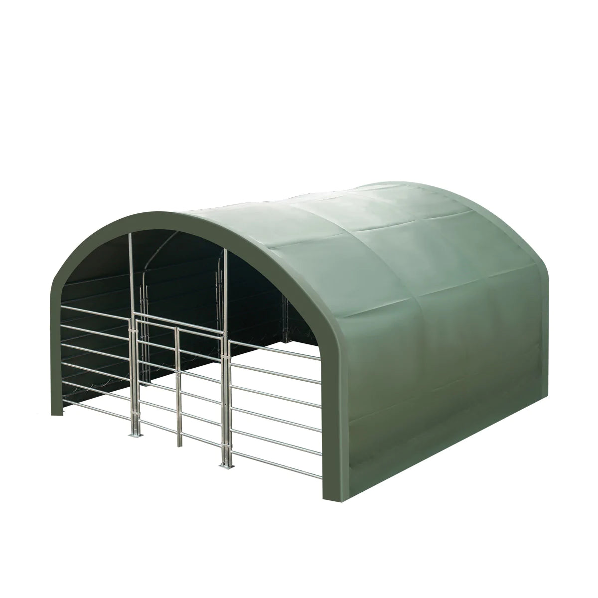 New 20’ x 20’ Livestock Corral Shelter, Powder Coated Structure, 12’ Dome Roof, 17 oz Military Green PVC Fabric Covering, 6-Bar Corral Panels, 5’ Front Swing Gate