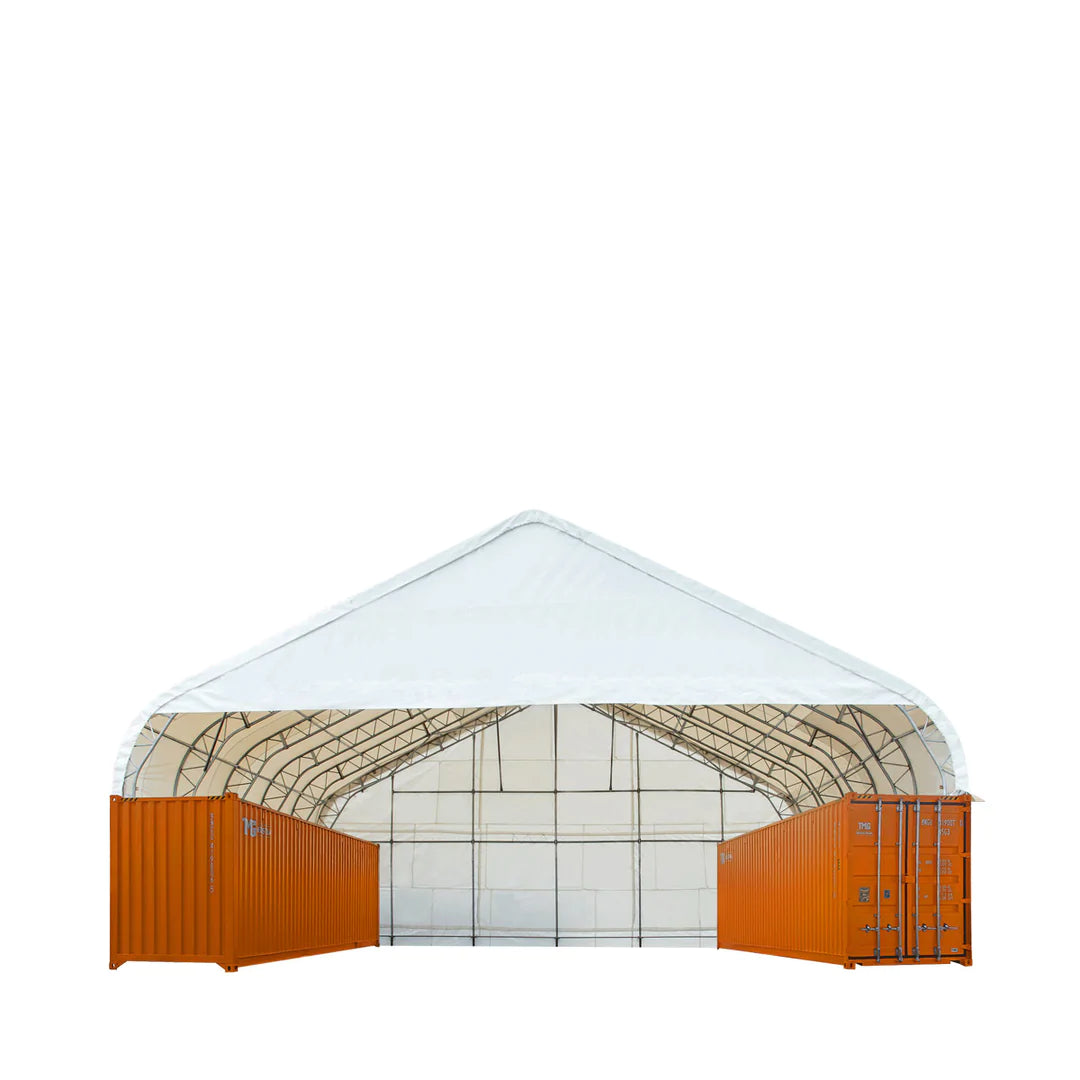 New Pro Series 50' x 40' Dual Truss Container Shelter with Heavy Duty 32 oz PVC Cover, Enclosed End Wall and Front Drop