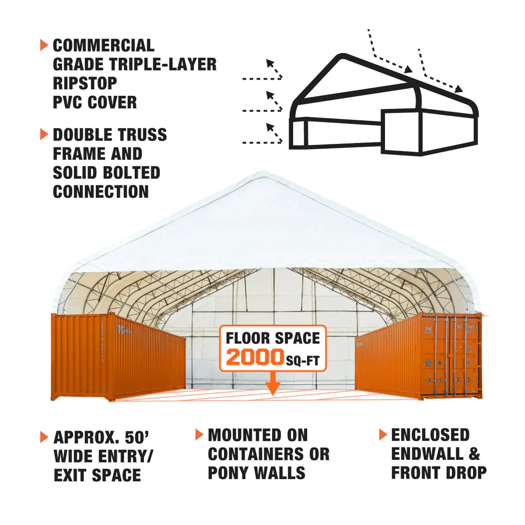 New Pro Series 50' x 40' Dual Truss Container Shelter with Heavy Duty 32 oz PVC Cover, Enclosed End Wall and Front Drop