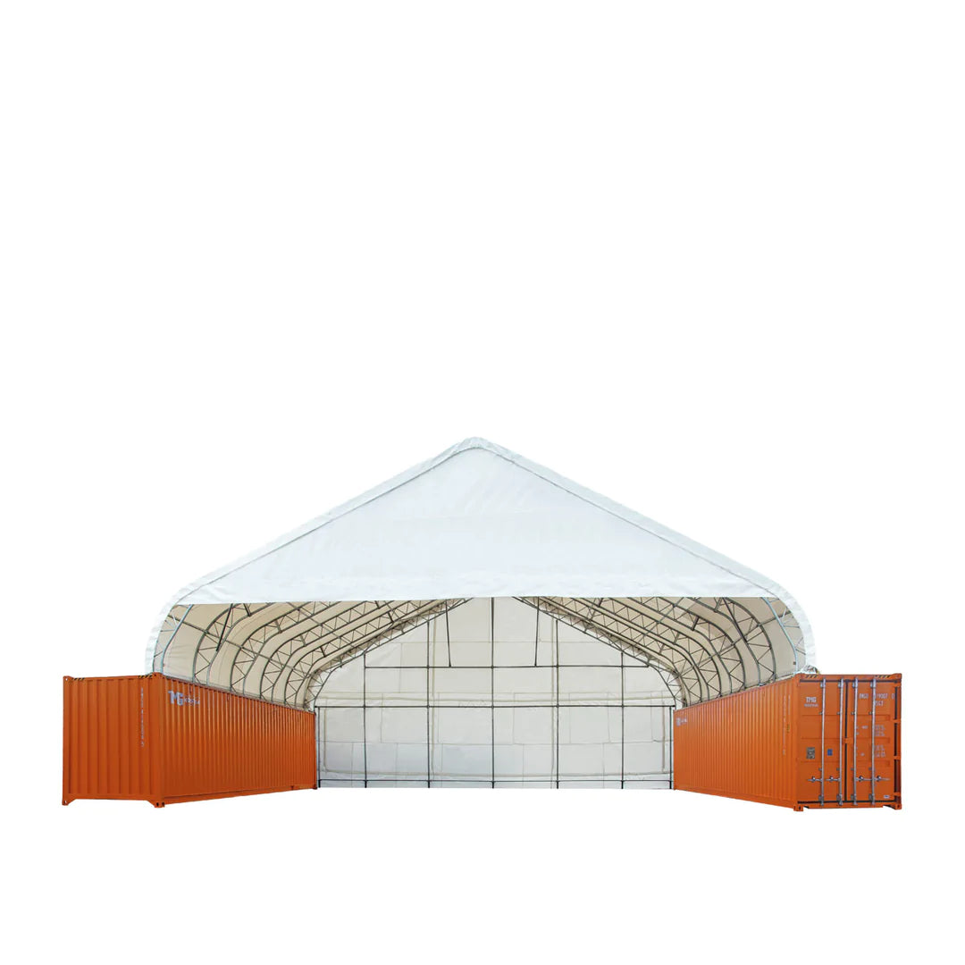 New Pro Series 50' x 40' Dual Truss Container Shelter with Heavy Duty 32 oz PVC Cover, Enclosed End Wall and Front Drop