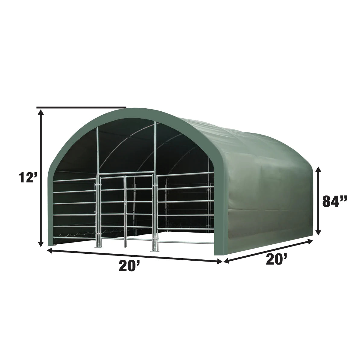 New 20’ x 20’ Livestock Corral Shelter, Powder Coated Structure, 12’ Dome Roof, 17 oz Military Green PVC Fabric Covering, 6-Bar Corral Panels, 5’ Front Swing Gate