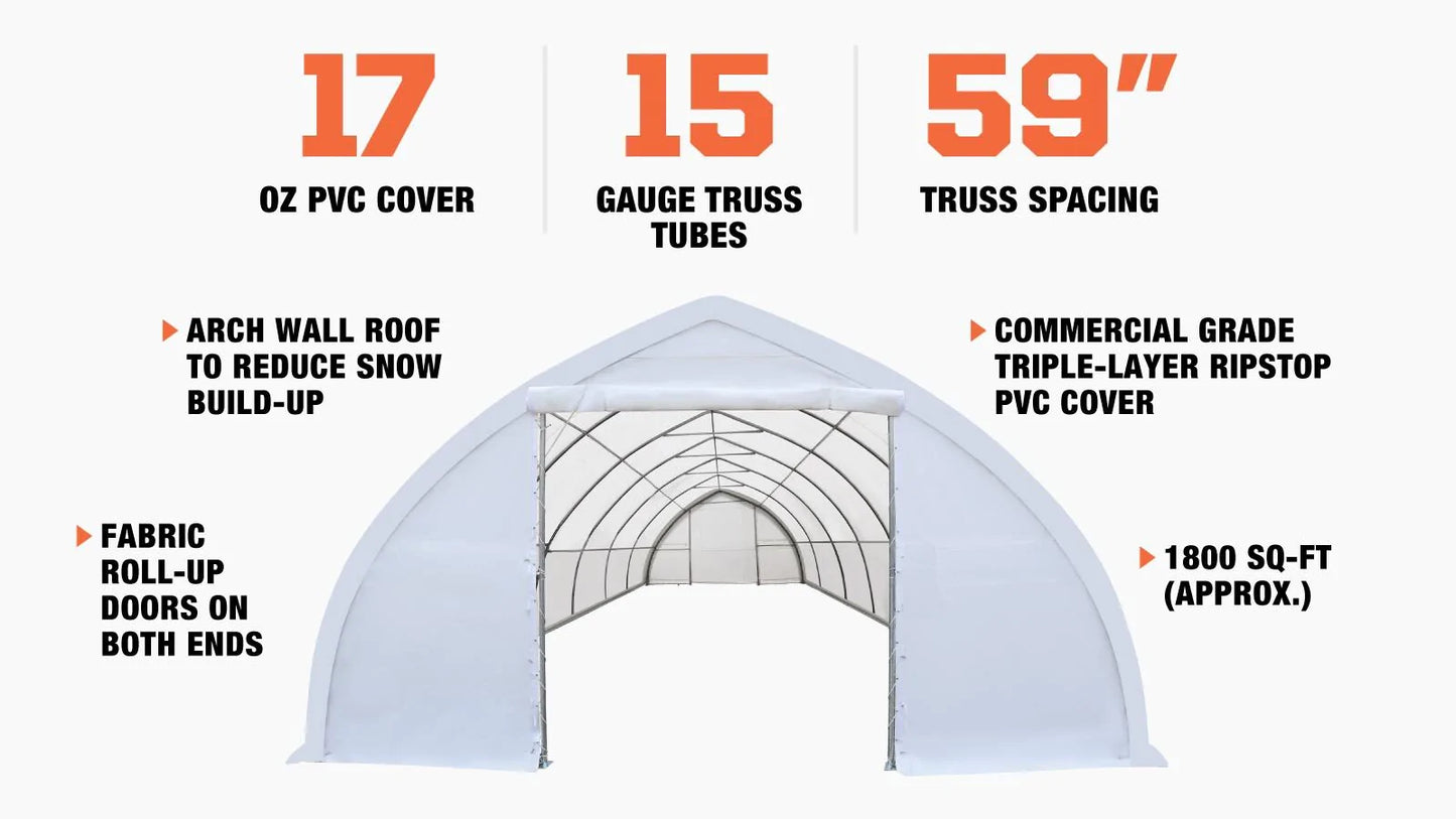 New 30' x 60' Peak Ceiling Storage Shelter with Heavy Duty 17 oz PVC Cover & Drive Through Doors