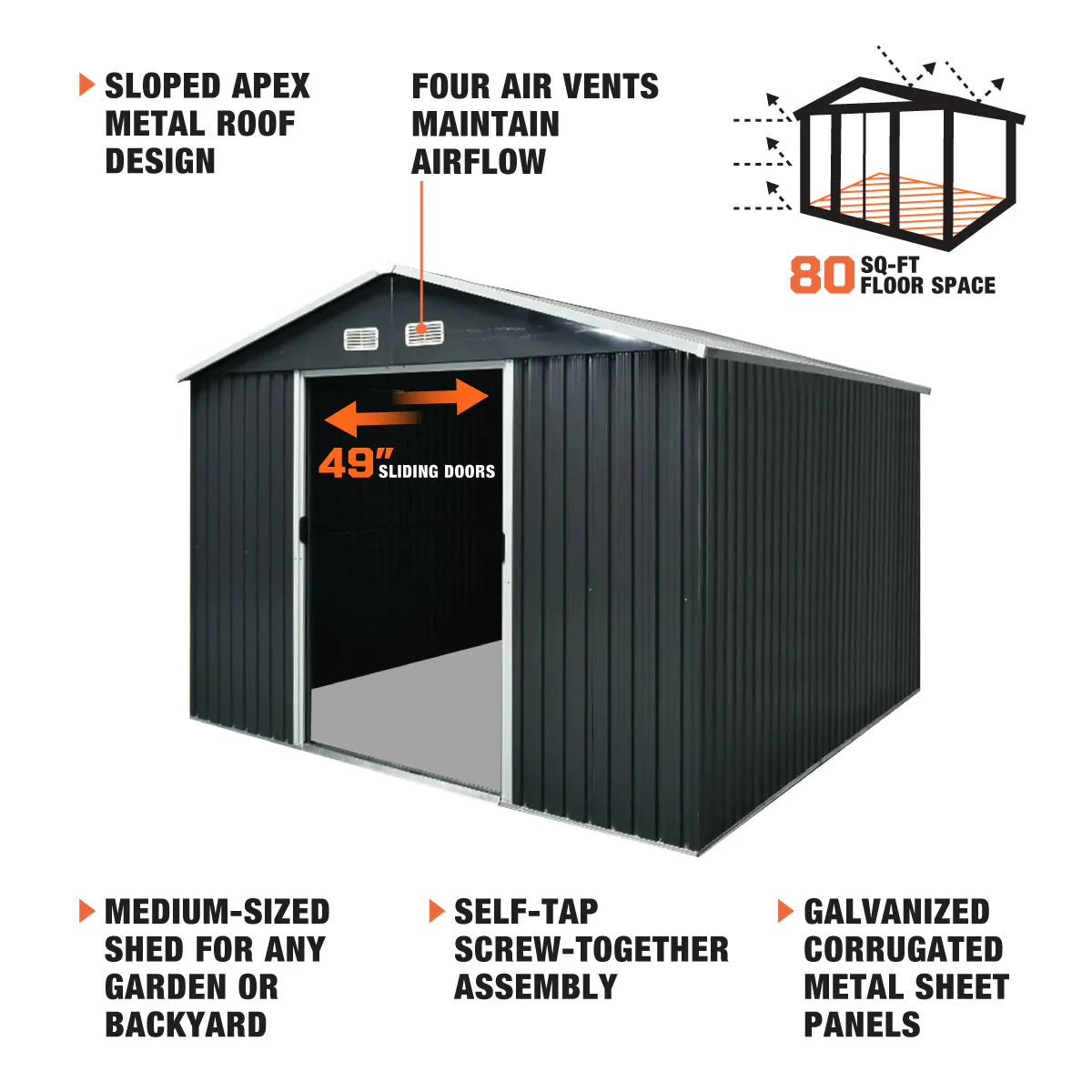 New 8’ x 10’ Galvanized Apex Roof Metal Shed, 49” Sliding Door, 29 GA Corrugated Metal, 67” Edge Height