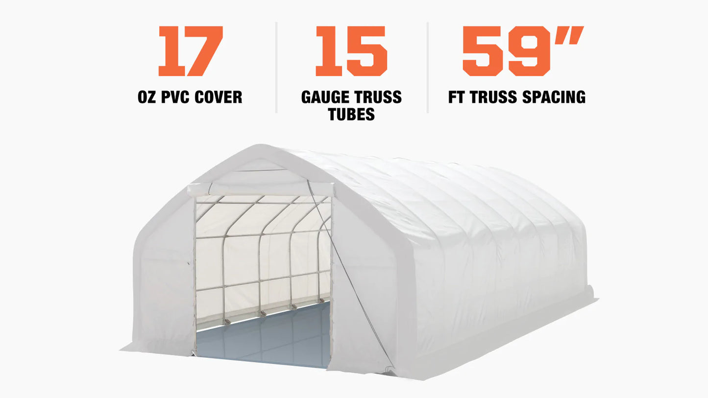 New 20' x 40' Straight Wall Peak Ceiling Storage Shelter with Heavy Duty 17 oz PVC Cover & Drive Through Door