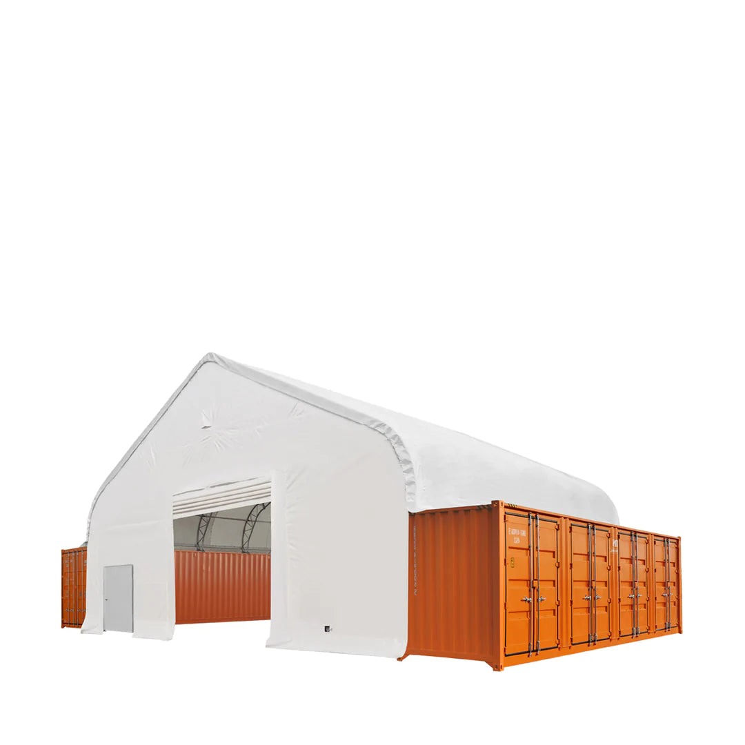 New Pro Series 50' x 40' Fully Enclosed Dual Truss Container Shelter with Heavy Duty 32 oz PVC Cover, Front Wall and Back Wall