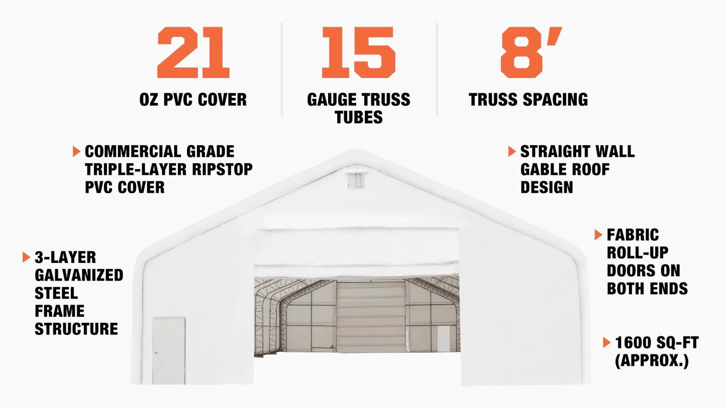 New Pro Series 40' x 40' Dual Truss Storage Shelter with Heavy Duty 21 oz PVC Cover & Drive Through Doors