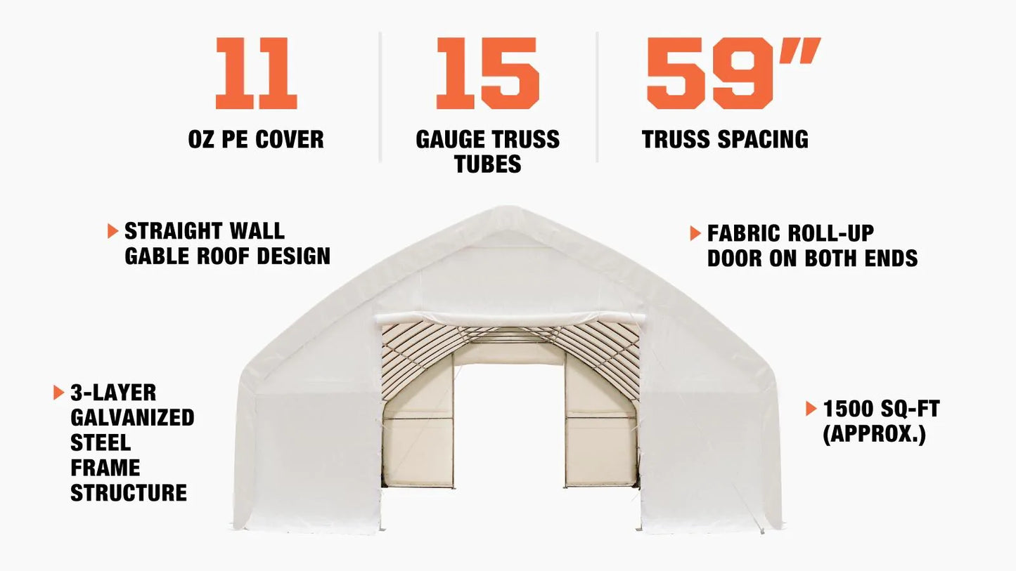 New 30' x 50' Straight Wall Peak Ceiling Storage Shelter with Heavy Duty 17 oz PVC Cover & Drive Through Doors