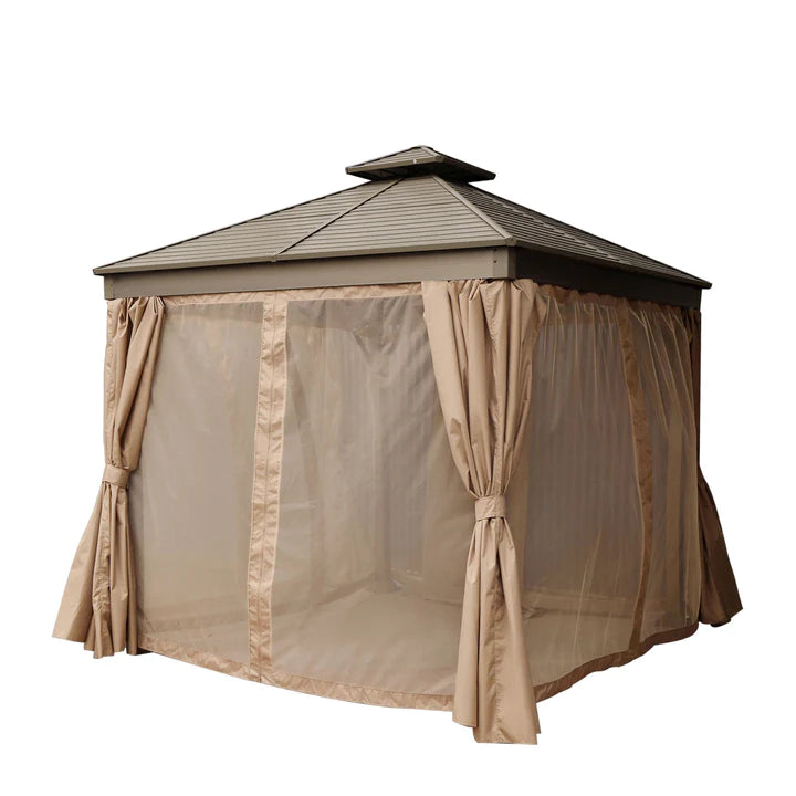 New 10’ x 10’ Hardtop, Double Tier Steel Roof Patio Gazebo, Mosquito Nets & Curtains Included