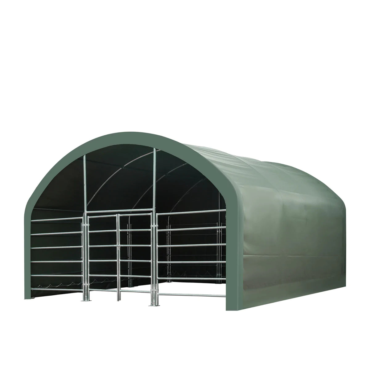 New 20’ x 20’ Livestock Corral Shelter, Powder Coated Structure, 12’ Dome Roof, 17 oz Military Green PVC Fabric Covering, 6-Bar Corral Panels, 5’ Front Swing Gate