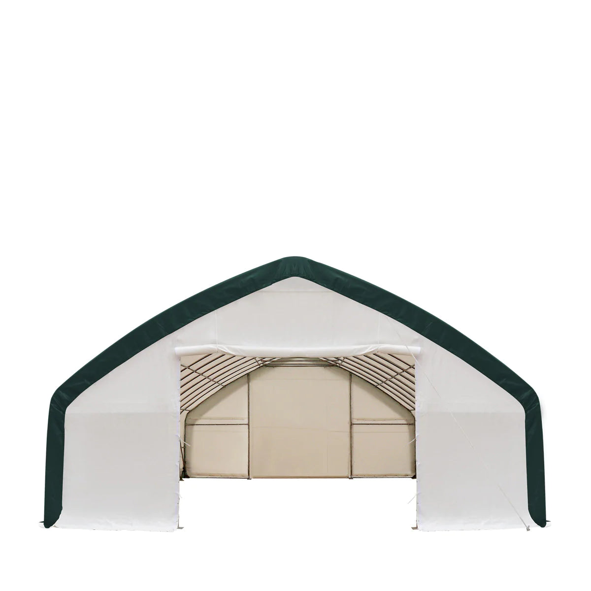 New 30' x 50' Straight Wall Peak Ceiling Storage Shelter with Heavy Duty 11 oz PE Cover & Drive Through Doors