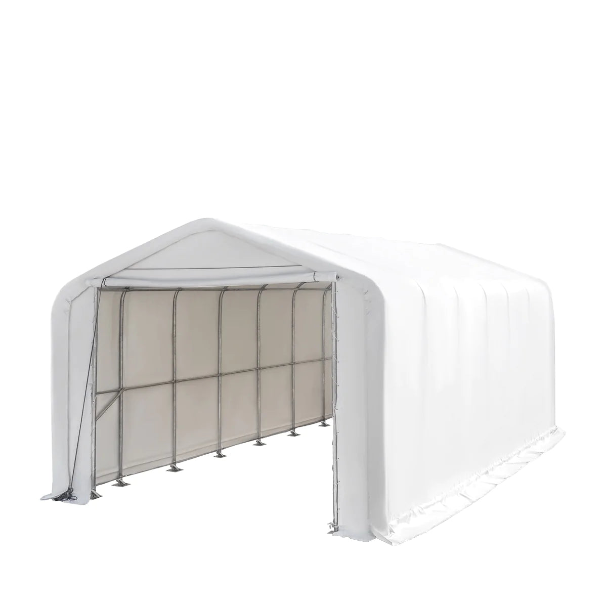 New 18’ x 30’ RV/Motorhome Storage Shelter, 17 oz PVC Fabric Cover, Front Roll-Up Door, Enclosed Rear Wall, 3-Layer Galvanized Steel Frame, 13’ Straight Sidewalls