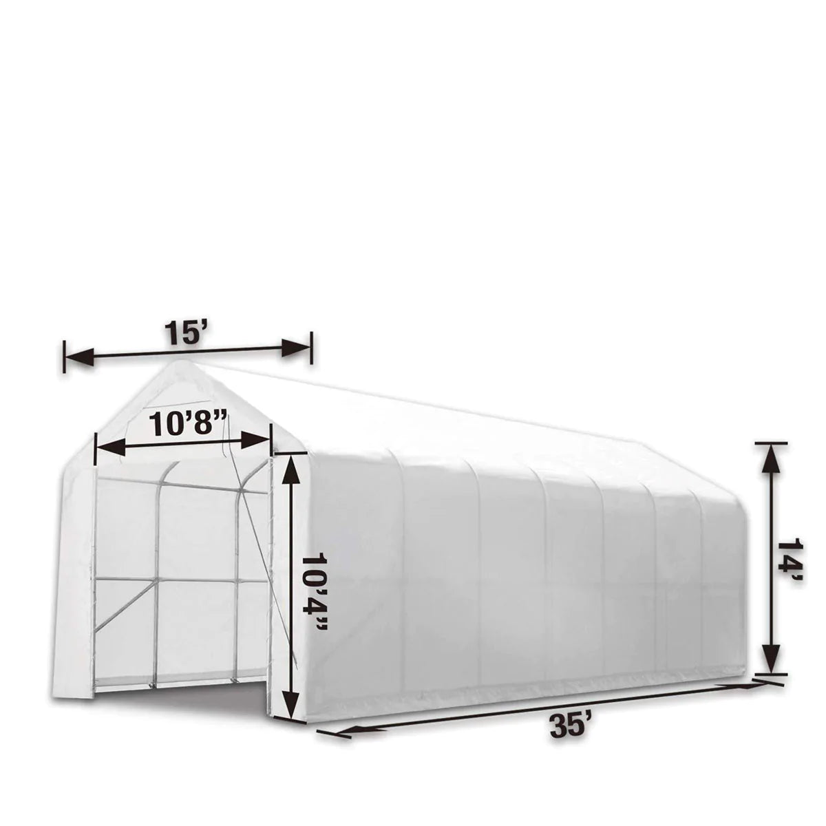 New 15’ x 35’ RV/Motorhome Storage Shelter, 17 oz PVC Fabric Cover, Front Roll-Up Door, Enclosed Rear Wall, 3-Layer Galvanized Steel Frame, 10’ Straight Sidewalls