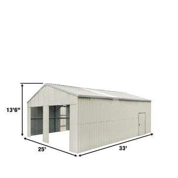 New 25’ x 33’ Double Garage Metal Barn Shed with Side Entry Door, 825 Sq-Ft Floor Space, 9’8” Eave Height, 27 GA Metal, Skylights, 4/12 Roof Pitch