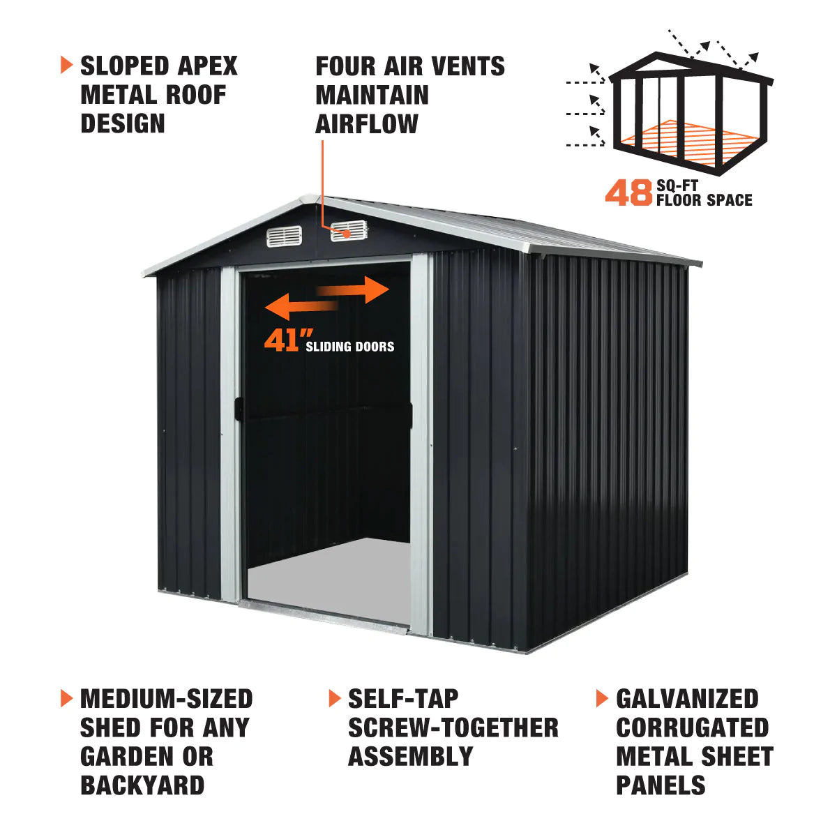 New 6’ x 8’ Galvanized Apex Roof Metal Shed, 41” Sliding Door, 29 GA Corrugated Metal, 67” Edge Height