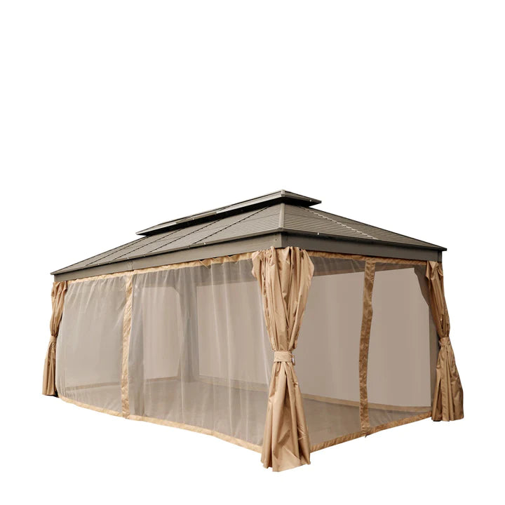 New 10’ x 20’ Hardtop, Double Tier Steel Roof Patio Gazebo, Mosquito Nets & Curtains Included