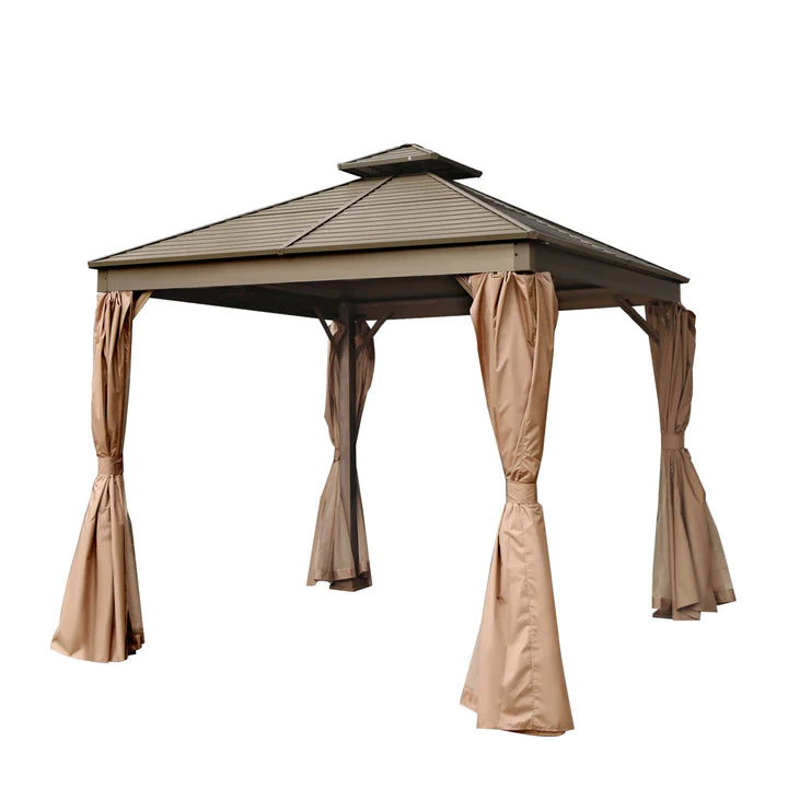 New 10’ x 10’ Hardtop, Double Tier Steel Roof Patio Gazebo, Mosquito Nets & Curtains Included