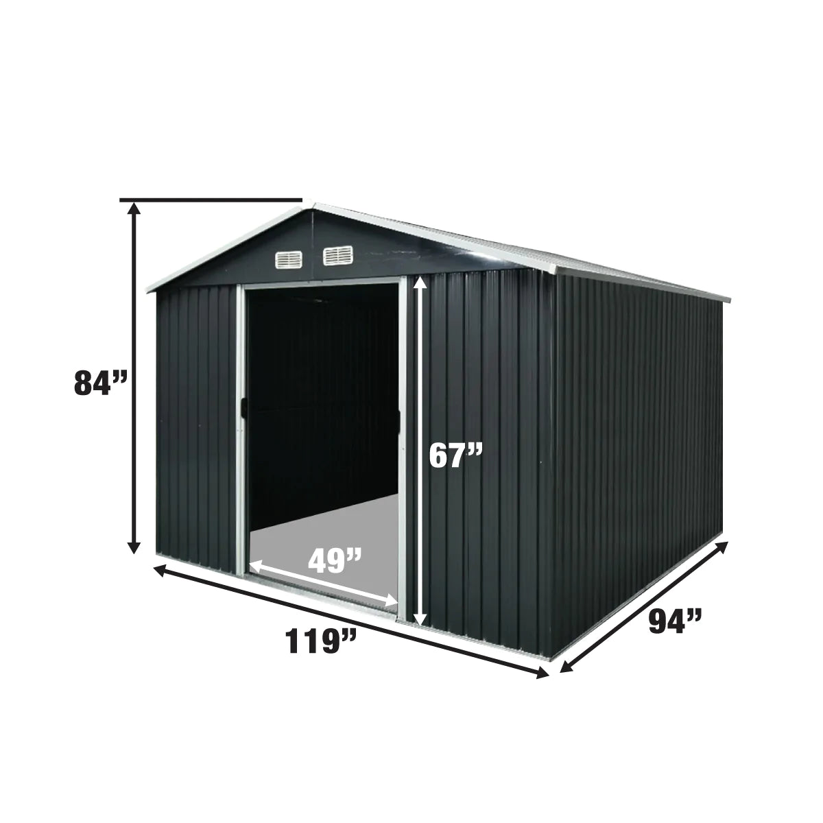 New 8’ x 10’ Galvanized Apex Roof Metal Shed, 49” Sliding Door, 29 GA Corrugated Metal, 67” Edge Height