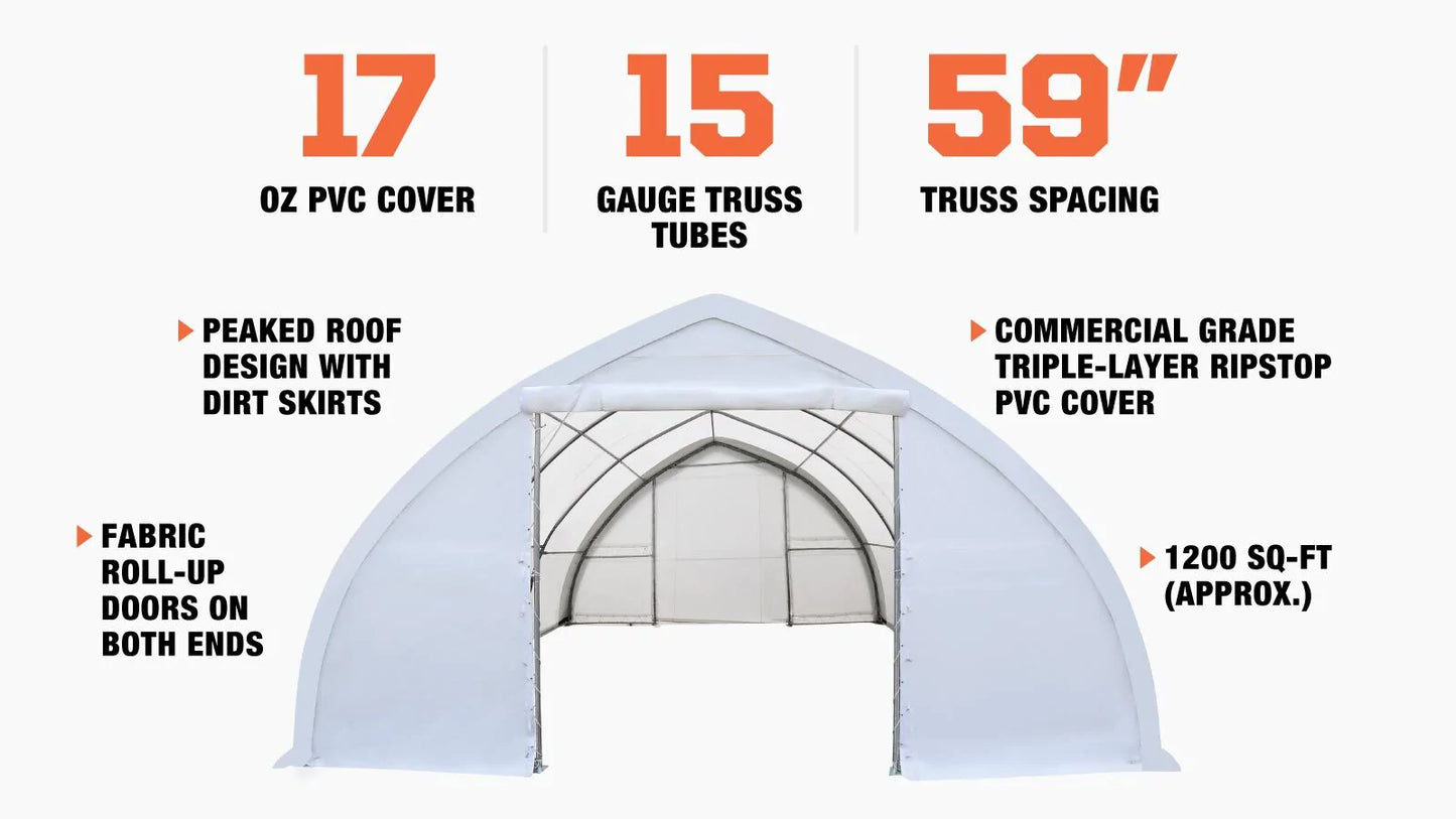 New 30' x 40' Peak Ceiling Storage Shelter with Heavy Duty 17 oz PVC Cover & Drive Through Doors