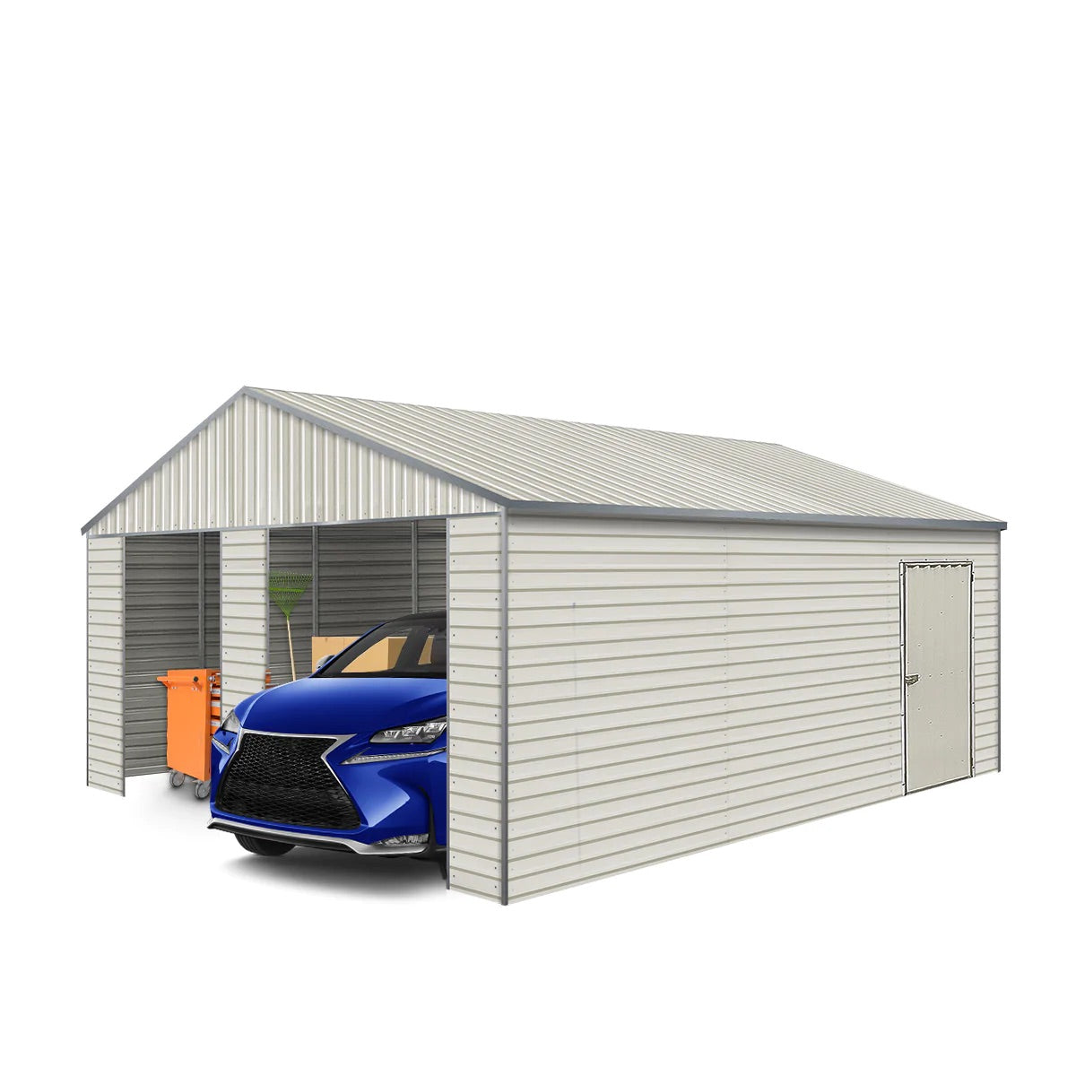 New 21’ x 19’ Double Garage Metal Shed with Side Entry Door, 400 Sq-Ft, 8' Eave Height, 27 GA Corrugated Panels, Garage Doors sold seperatly