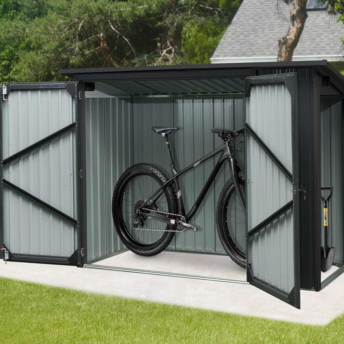 New 4’ x 8’ Bicycle Metal Pent Shed, 29 Gauge Corrugated Metal, 70” Upper edge