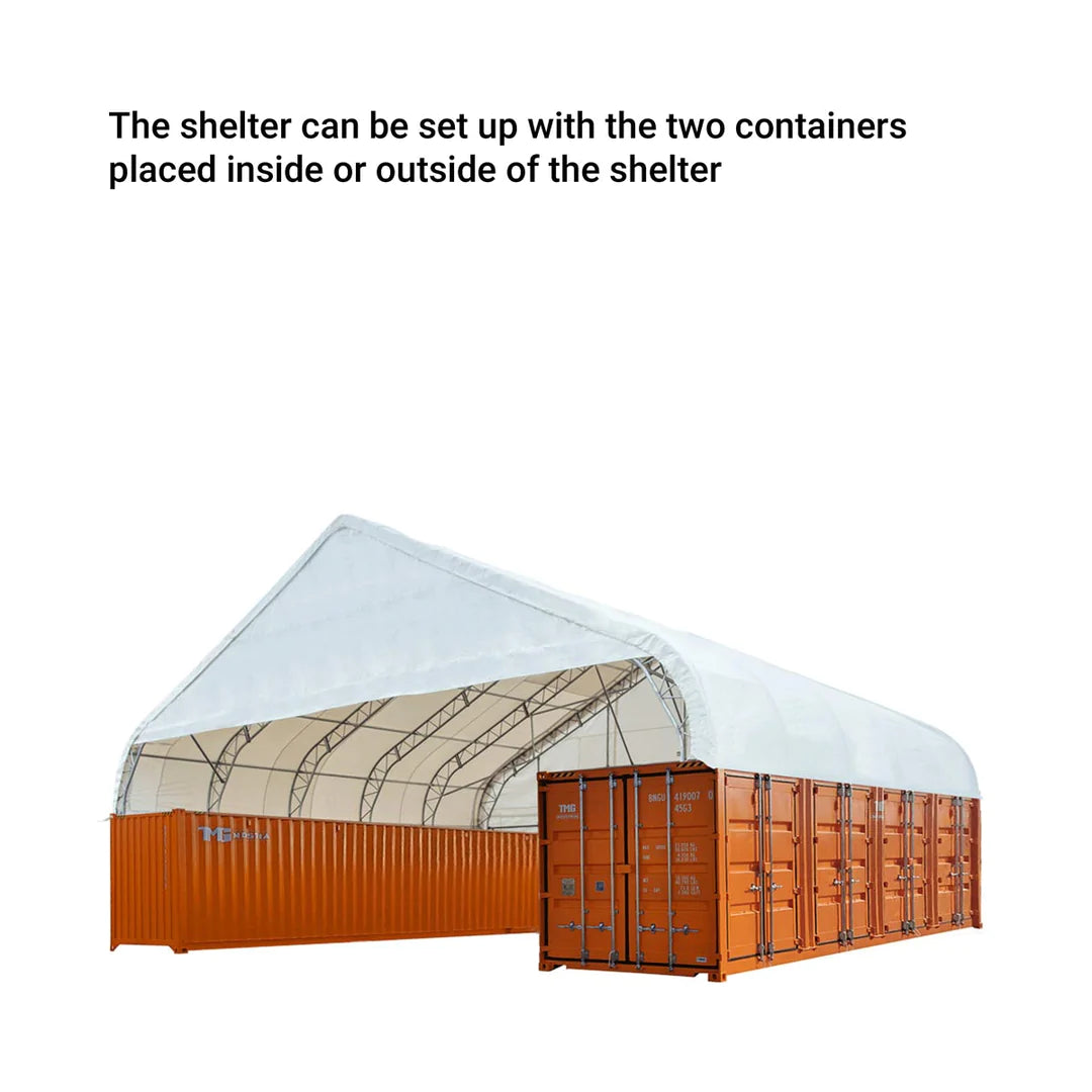 New Pro Series 50' x 40' Dual Truss Container Shelter with Heavy Duty 32 oz PVC Cover, Enclosed End Wall and Front Drop