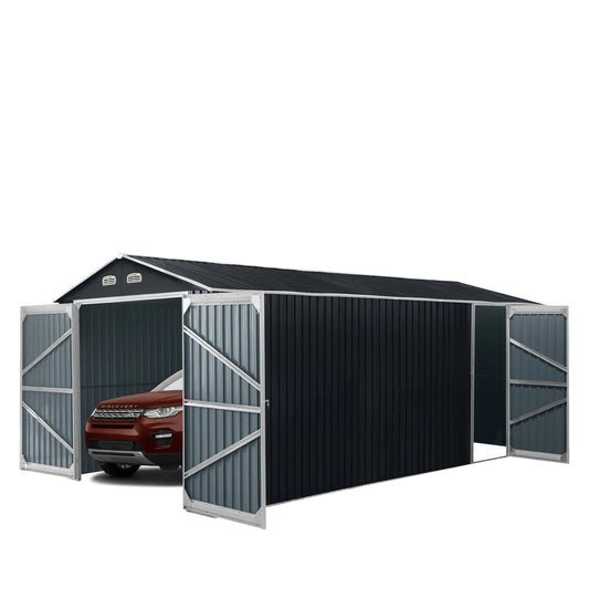 New 10’ x 20’ Metal Garage Shed with Double Front Doors, 7’8” Peak Height, Side Entry Door, 185 Sq-Ft Floor Space