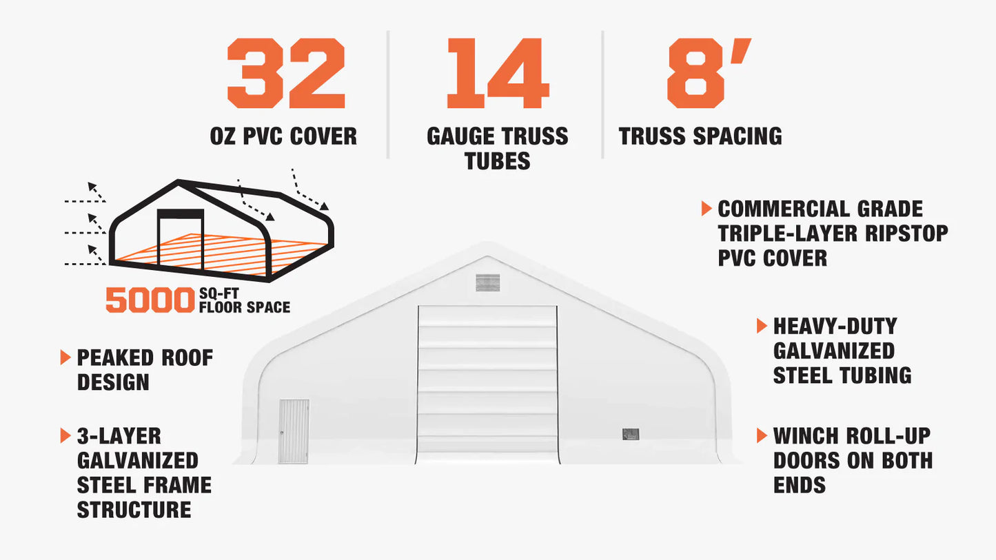 New Pro Series 50' x 100' Dual Truss Storage Shelter with Heavy Duty 32 oz PVC Cover & Drive Through Doors