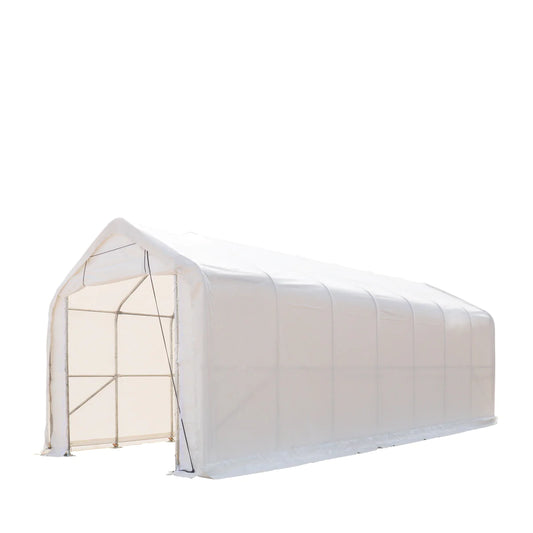 New 15’ x 35’ RV/Motorhome Storage Shelter, 17 oz PVC Fabric Cover, Front Roll-Up Door, Enclosed Rear Wall, 3-Layer Galvanized Steel Frame, 10’ Straight Sidewalls