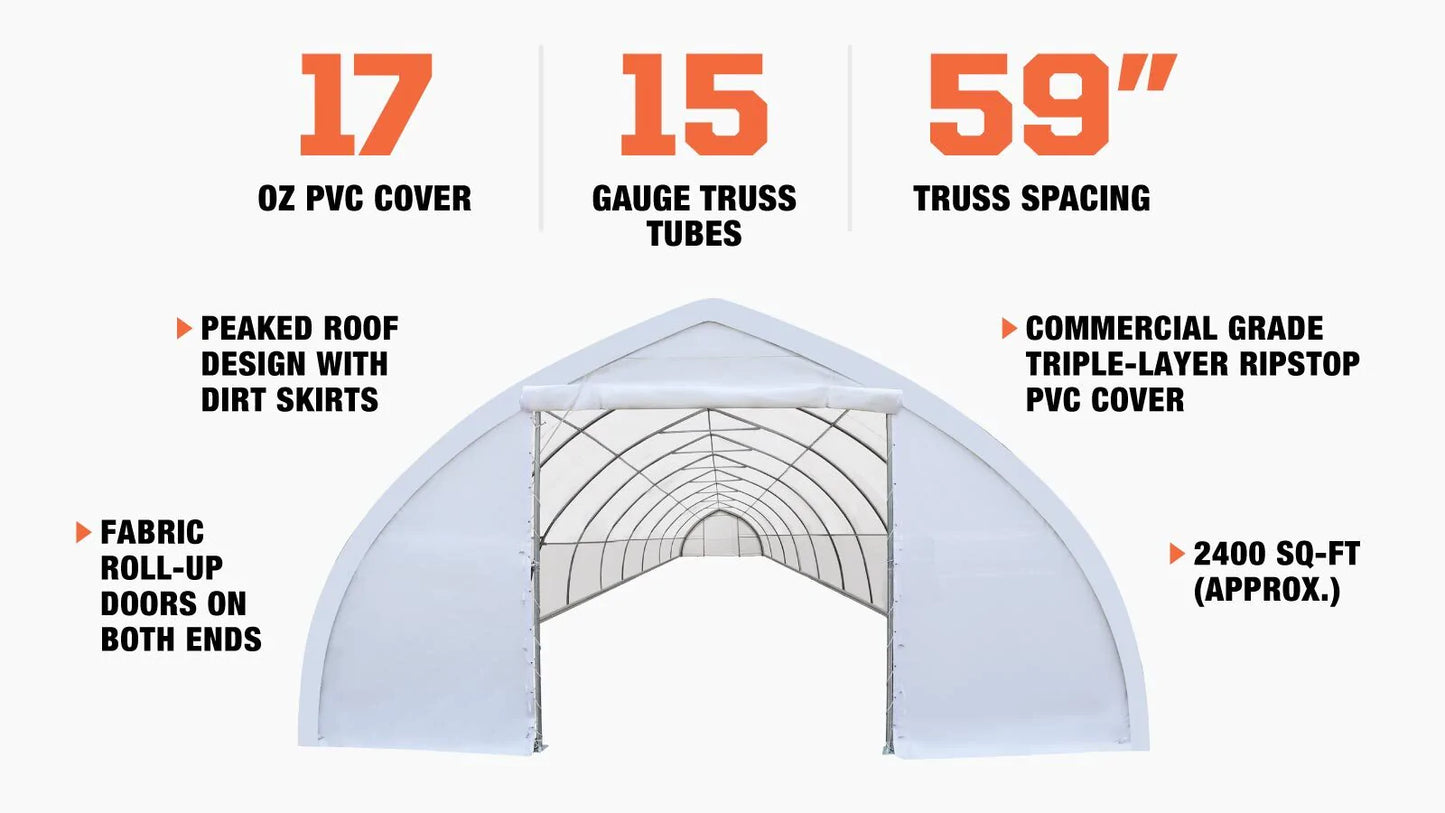 New 30' x 80' Peak Ceiling Storage Shelter with Heavy Duty 17 oz PVC Cover & Drive Through Doors