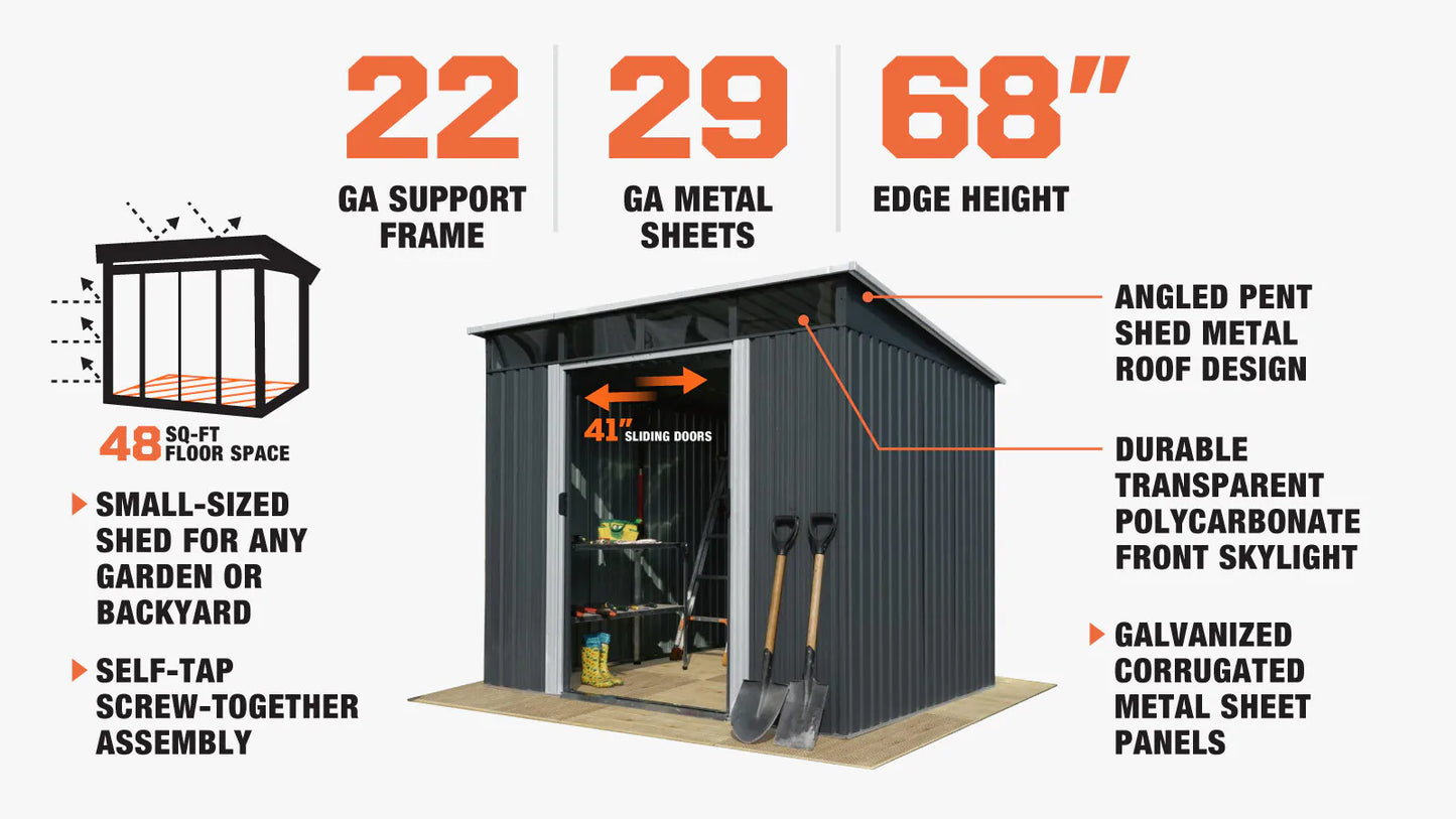 New 6’ x 8’ Galvanized Metal Pent Shed w/Skylight, 41” Sliding Door, 29 GA Corrugated Metal, 80” Peak Ceiling