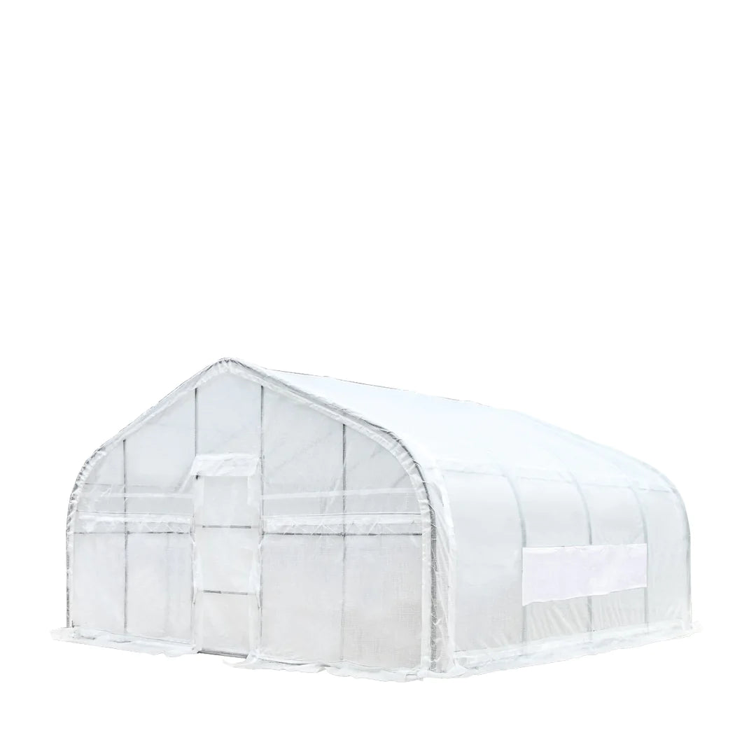 New 20’ x 20’ Tunnel Greenhouse Grow Tent w/12 Mil Ripstop Leno Mesh Cover, Cold Frame, Roll-up Windows, Peak Ceiling Roof