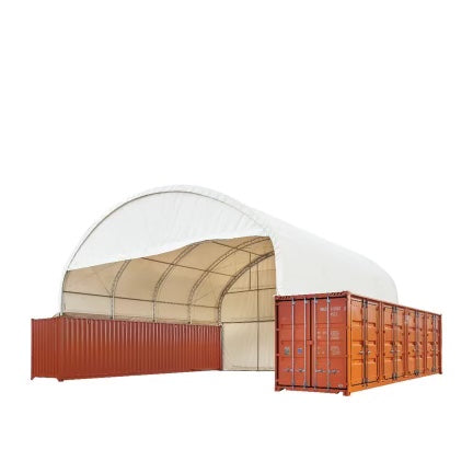 New 40' x 40' Dual Truss Container Shelter with Heavy Duty 21 oz PVC Cover, Enclosed End Wall & Front Drop