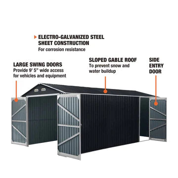 New 13’ x 20’ Metal Garage Shed with Double Front Doors, 7’9” Peak Height, Side Entry Door, 240 Sq-Ft Floor Space