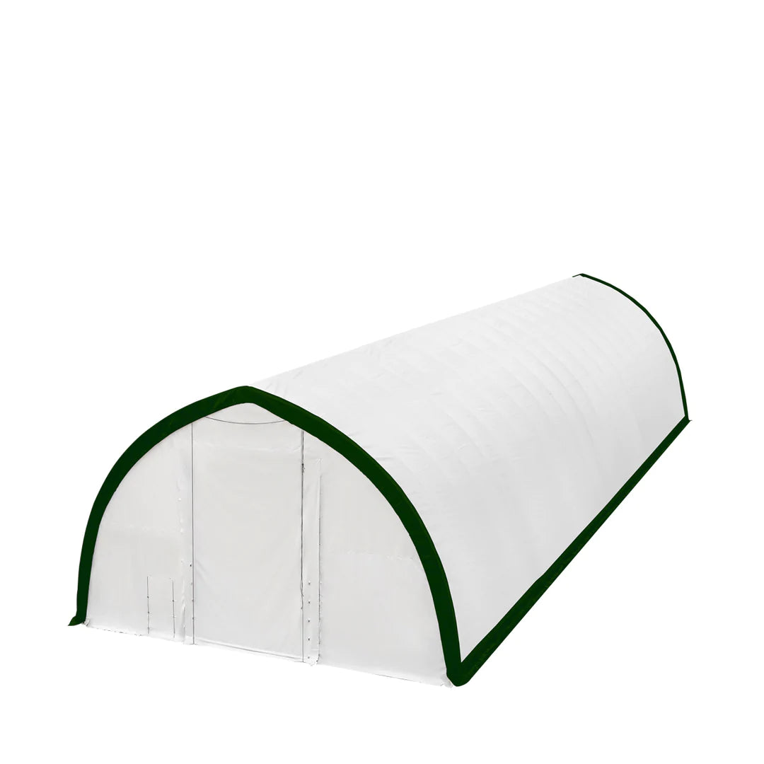 New 40' x 80' Peak Ceiling Storage Shelter, Single Truss, 11oz PE Cover, 13' W x 16' H Wide Open Door on Two End Walls