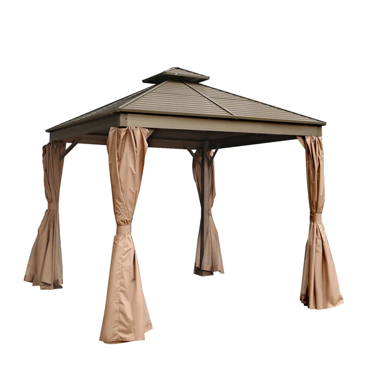 New 10’ x 10’ Hardtop, Double Tier Steel Roof Patio Gazebo, Mosquito Nets & Curtains Included