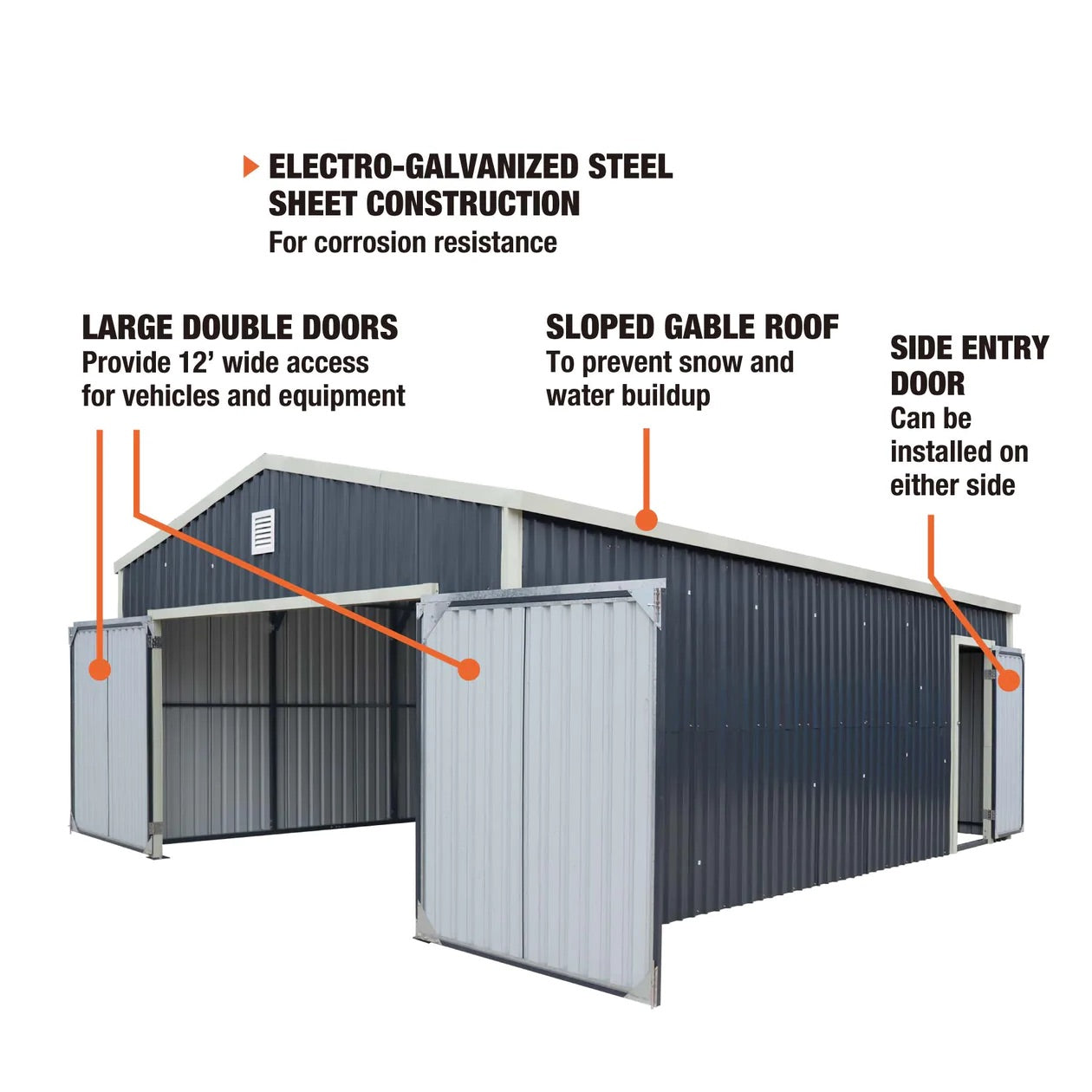 New 16’ x 24’ Metal Garage Shed with Double Front Doors, 10’ Peak Height, Side Entry Door, 384 Sq-Ft Floor Space