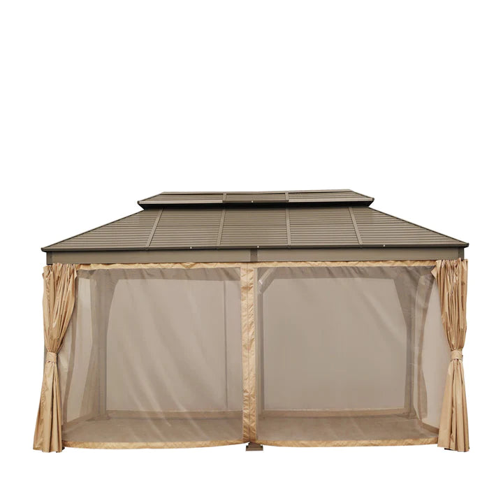 New 10’ x 20’ Hardtop, Double Tier Steel Roof Patio Gazebo, Mosquito Nets & Curtains Included