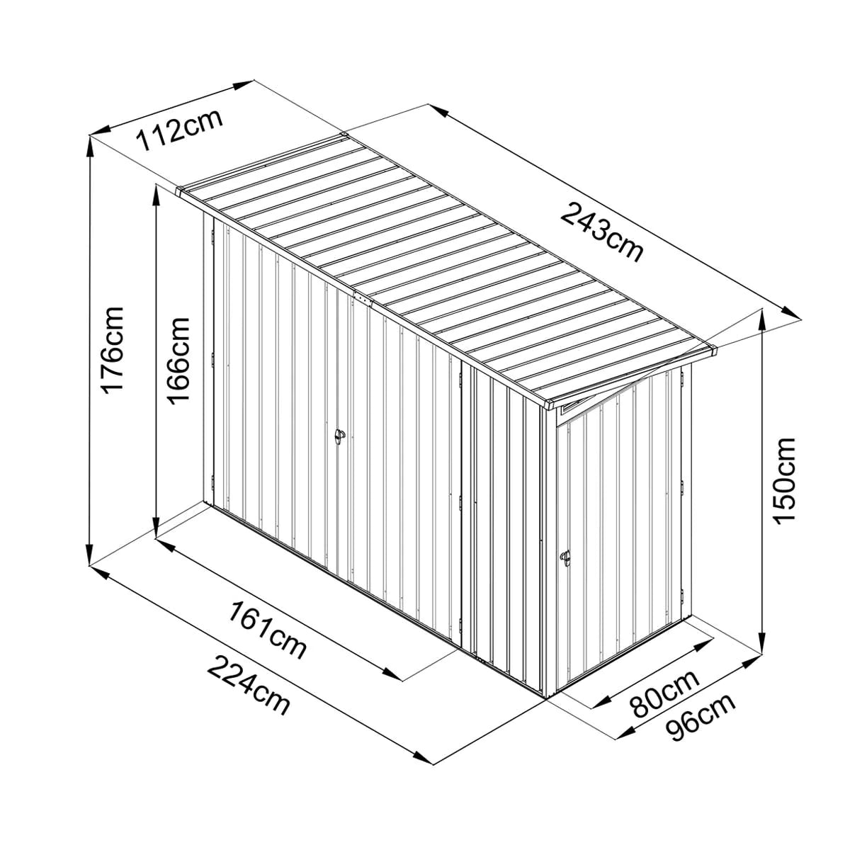 New 4’ x 8’ Bicycle Metal Pent Shed, 29 Gauge Corrugated Metal, 70” Upper edge