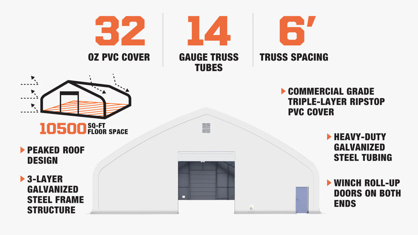 New Pro Series 70' Wide Dual Truss Storage Shelter with Heavy Duty 32 oz PVC Cover & Drive Through Doors ( Lengths Available 80’ 100’ 120’ and 150’ )