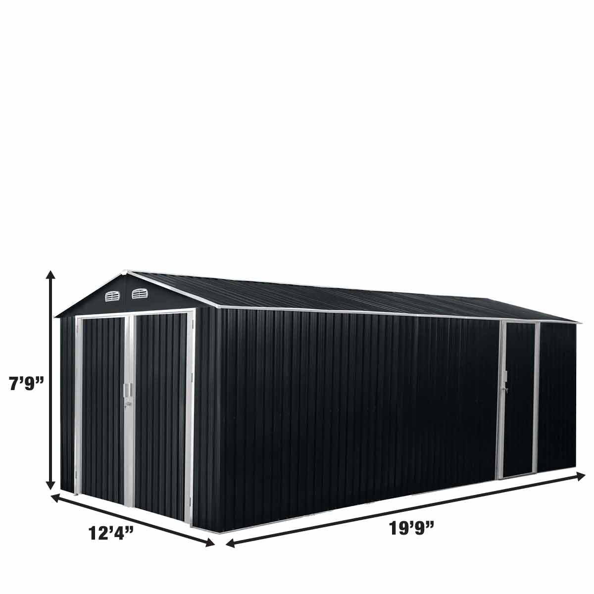 New 13’ x 20’ Metal Garage Shed with Double Front Doors, 7’9” Peak Height, Side Entry Door, 240 Sq-Ft Floor Space